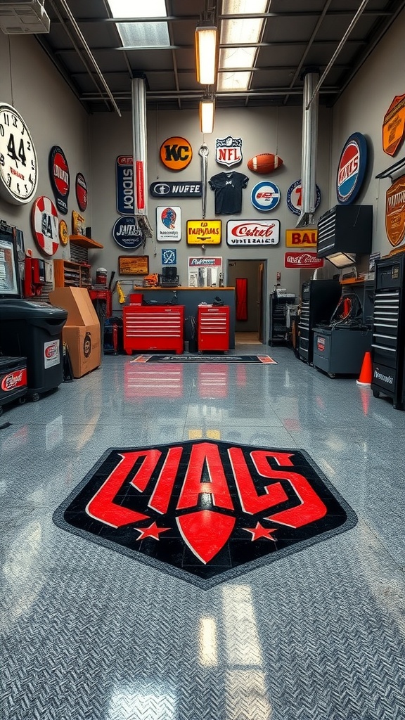 A modern workshop with a custom logo embedded in a glossy epoxy floor, surrounded by colorful memorabilia on the walls.