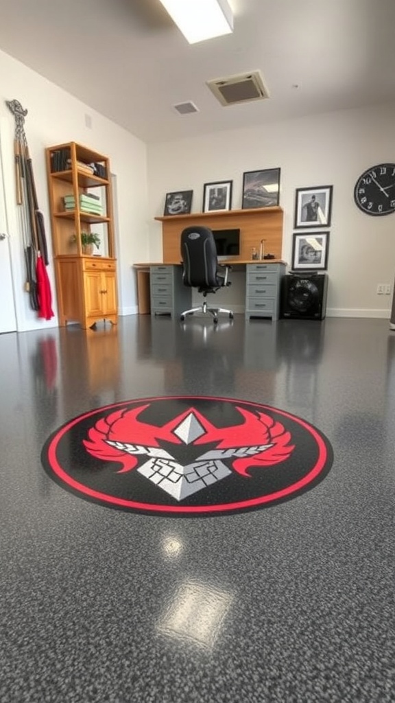 A beautifully designed metallic epoxy floor featuring a custom logo in a modern living space.