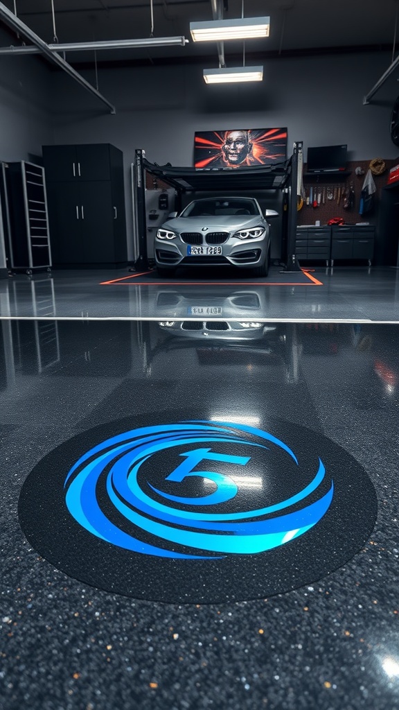Custom logo on a shiny epoxy garage floor with a car in the background