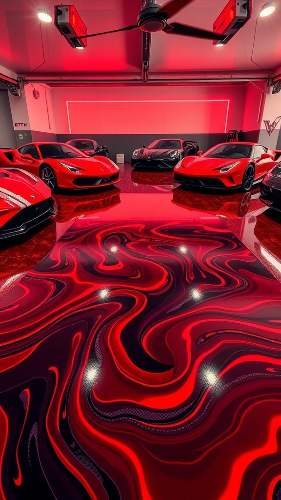 A luxurious garage featuring red epoxy flooring with a flowing design and multiple red cars, showcasing a customized look.
