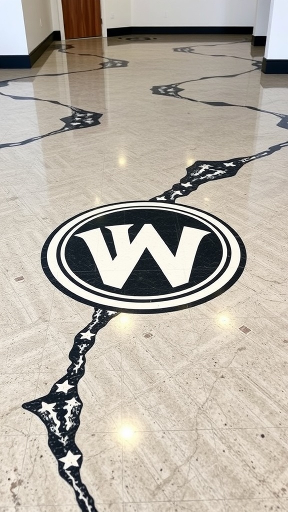 A stunning epoxy floor design featuring cosmic elements and vibrant colors, showcasing the potential for custom logos in flooring.