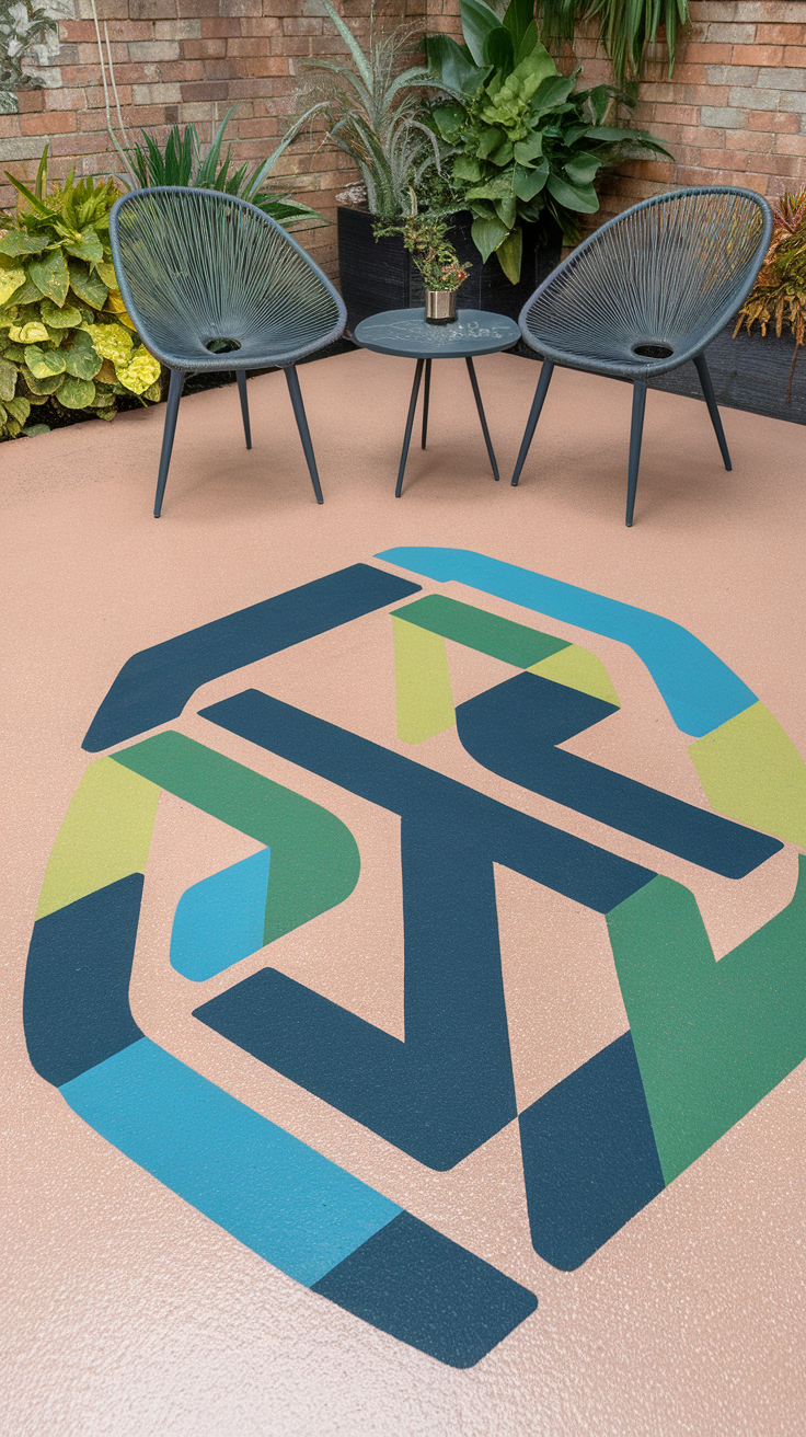 Custom epoxy floor with a colorful logo design surrounded by modern chairs and plants