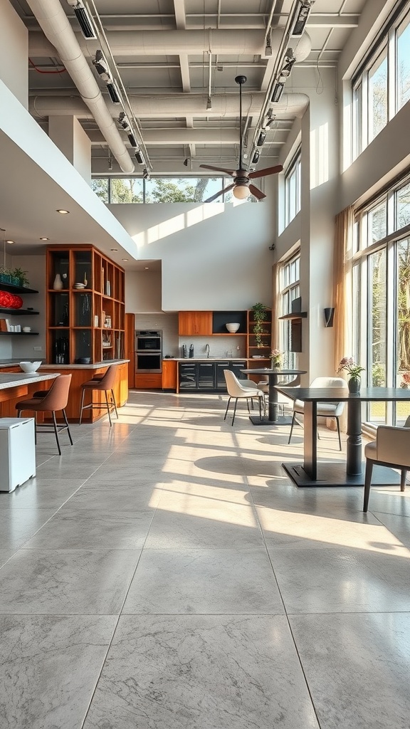 A spacious modern kitchen with polished concrete flooring, featuring large windows for natural light.