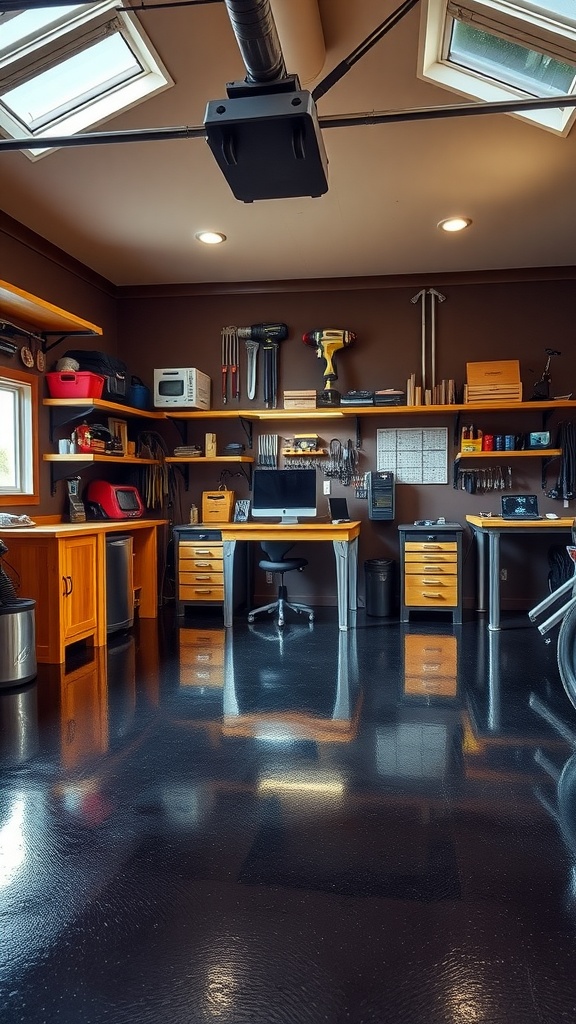 Custom shelving units in a dark brown garage with a polished floor.