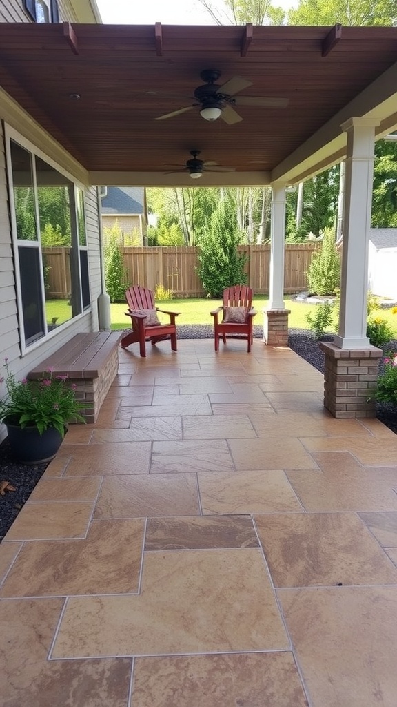 Stylish living area with custom stamped concrete floors and modern decor.