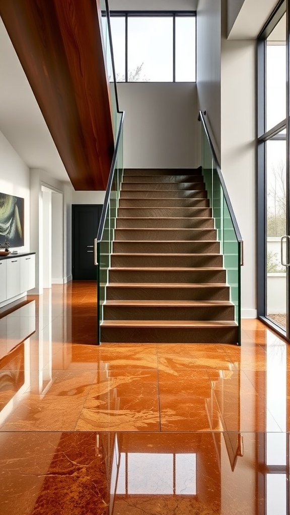 A modern garage featuring black epoxy flooring with orange stencil designs, leading to white stairs.