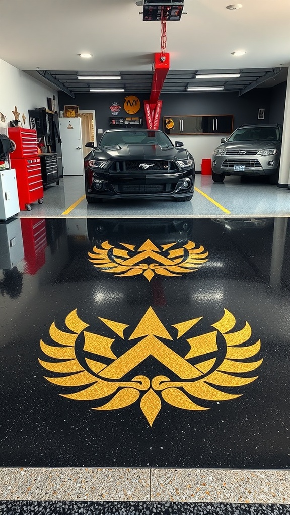 A modern garage featuring a shiny black epoxy floor with a bold golden emblem and two cars parked inside.