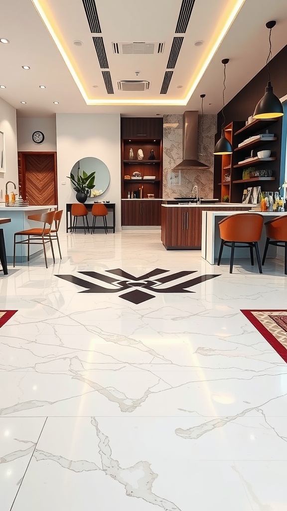 A modern kitchen showcasing custom textured epoxy flooring with a unique design.