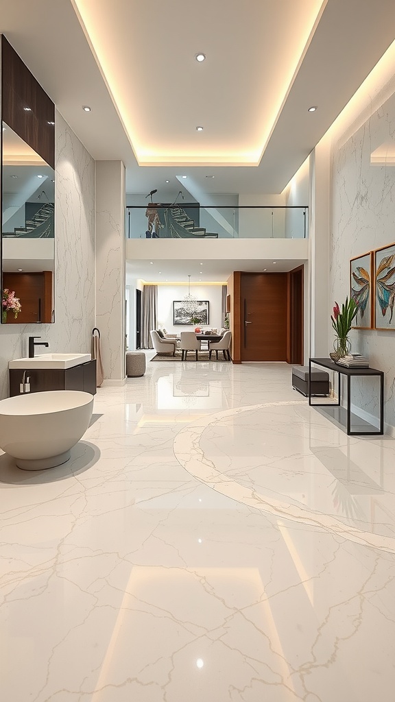 Luxurious living space featuring marble epoxy flooring and modern decor