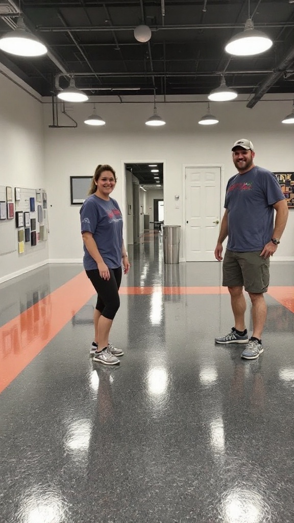 A group of four people standing on a shiny epoxy floor in a bright room.