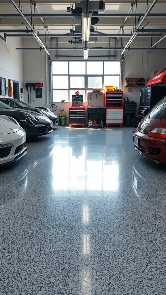 Customer testimonials displayed on a wall about custom epoxy floors.