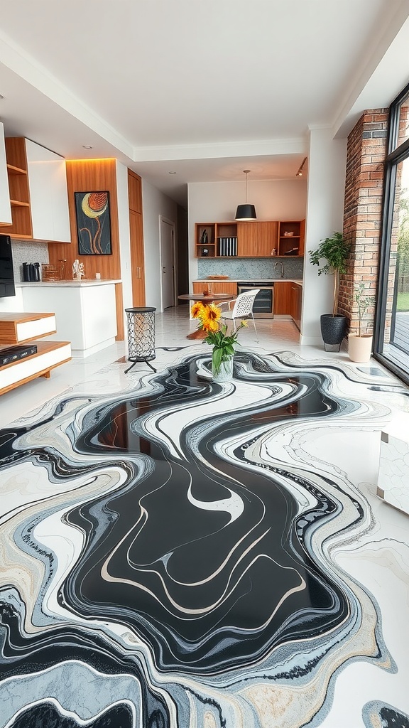 A modern living space featuring a stylish black and white 3D epoxy floor design