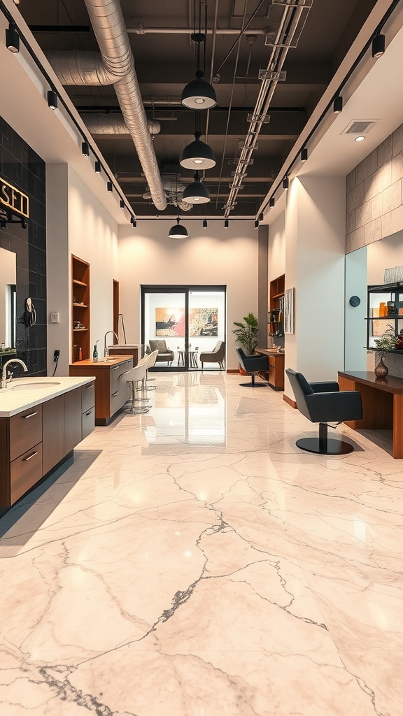 Interior space featuring polished marble epoxy floor with modern decor