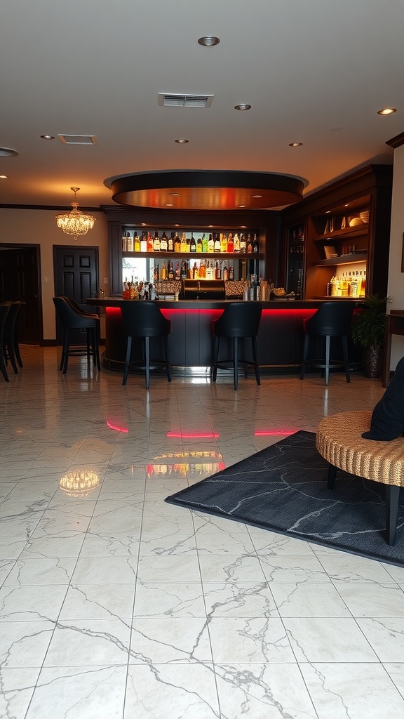 Stylish home bar with polished resin flooring that resembles marble.