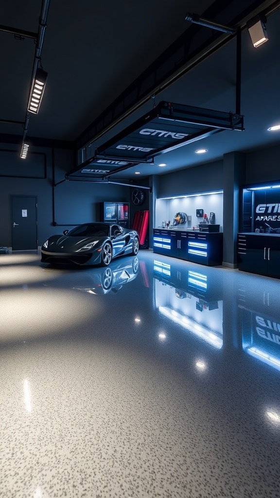 A garage with a light-colored epoxy floor featuring a unique swirl pattern.