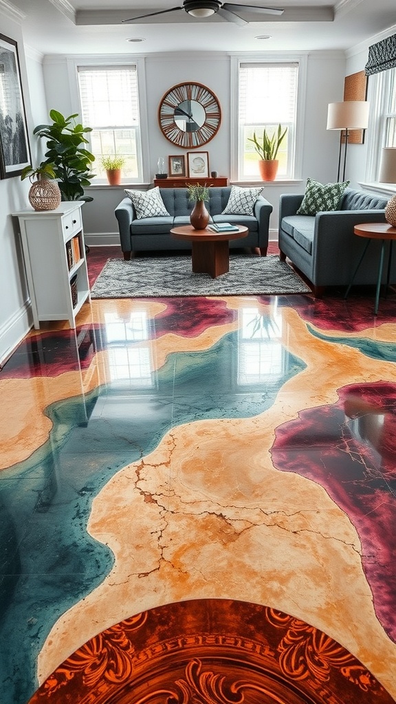 Stylish metallic epoxy floor in a modern living space with a car.