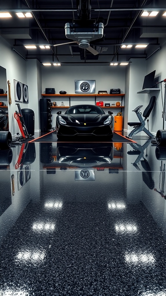 A sleek garage interior featuring a black epoxy floor with customizable color chips, showcasing a luxury car.