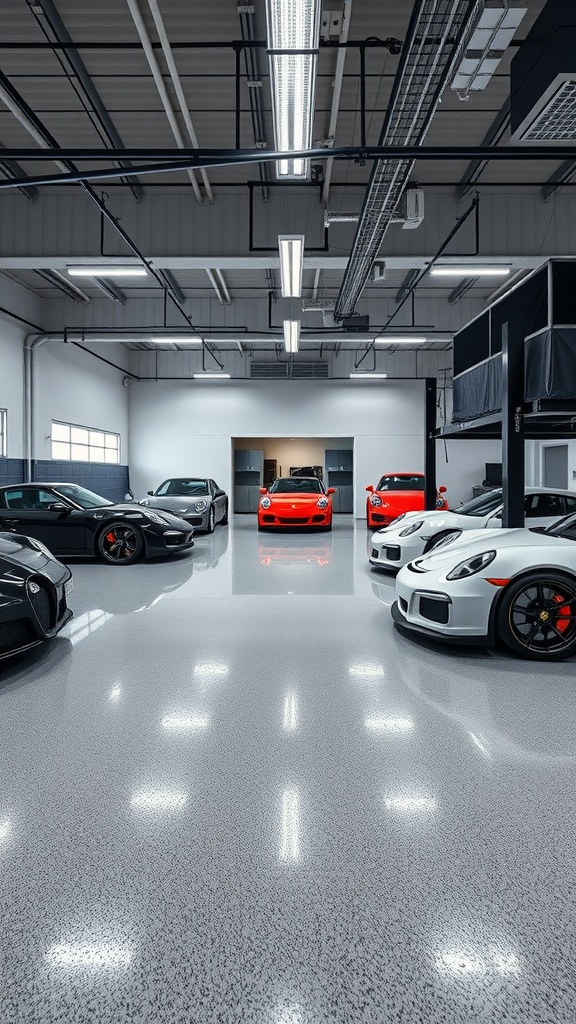 Interior of a luxury garage with epoxy flooring and high-end cars.