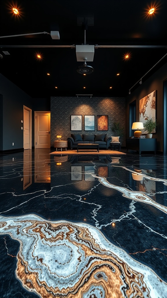Luxurious black marble epoxy floor in a modern living room with stylish decor