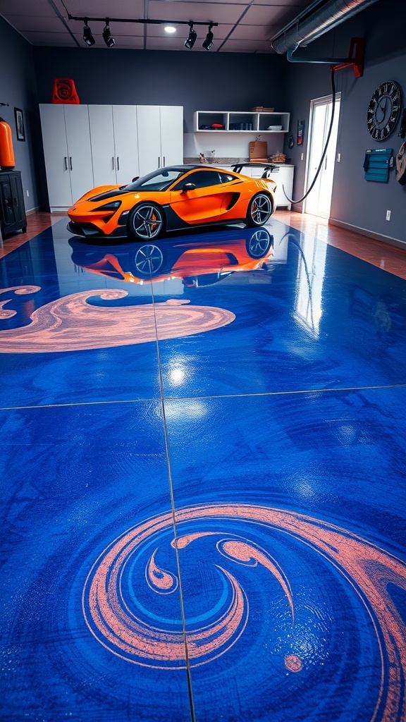 A stylish garage featuring a blue epoxy floor with orange accents and a luxury car.