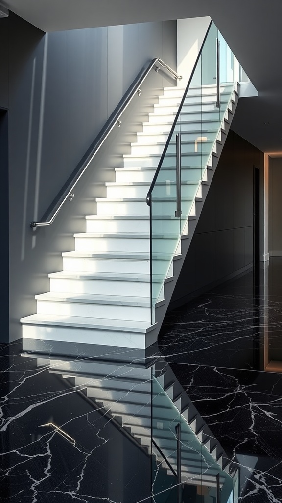 A modern staircase with white resin flooring and black marble walls, featuring a stylish design with gold accents.