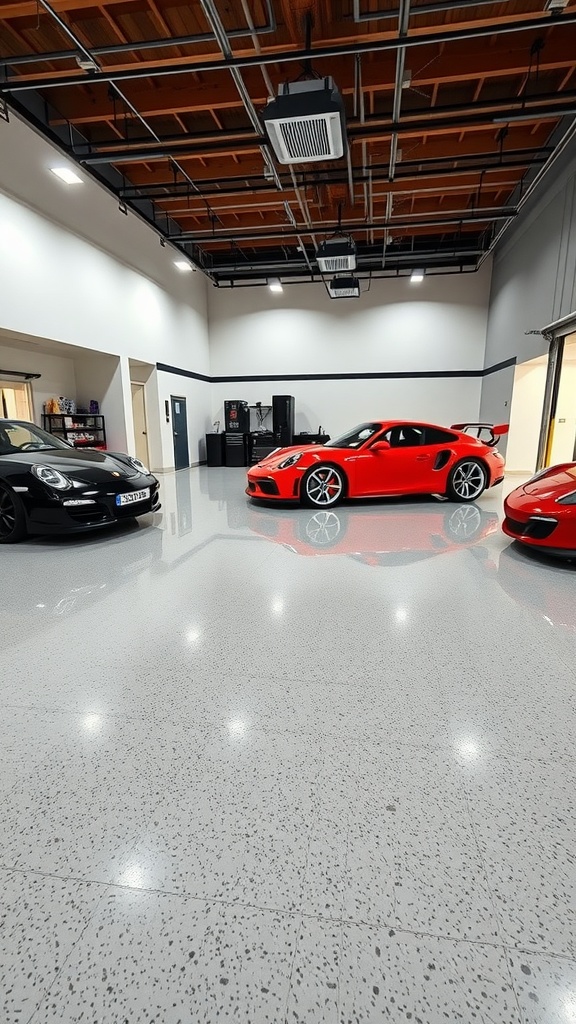Stylish epoxy garage flooring with luxury cars