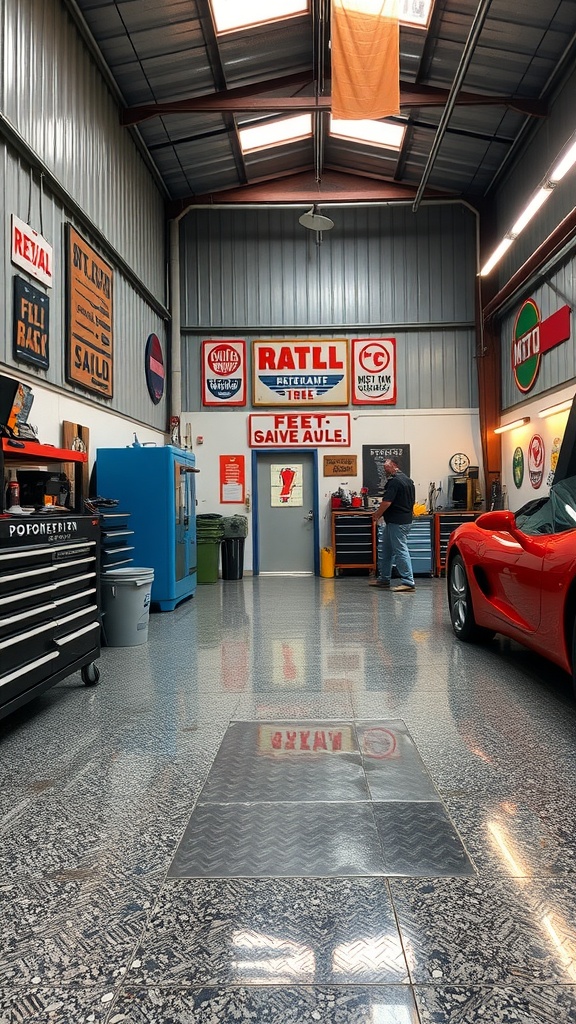 Interior of a mechanic's workshop with glossy epoxy flooring and vibrant decor