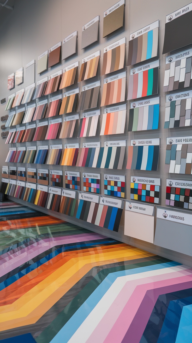 A wall displaying various color samples and designs for epoxy garage floors.
