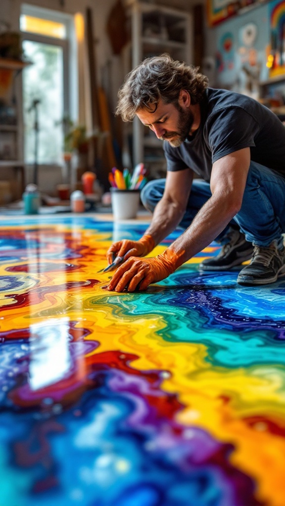 An artist applying vibrant colors to a surface in a creative workspace.