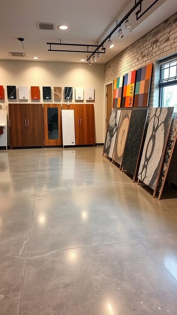 Showroom displaying various customizable epoxy flooring samples on display.