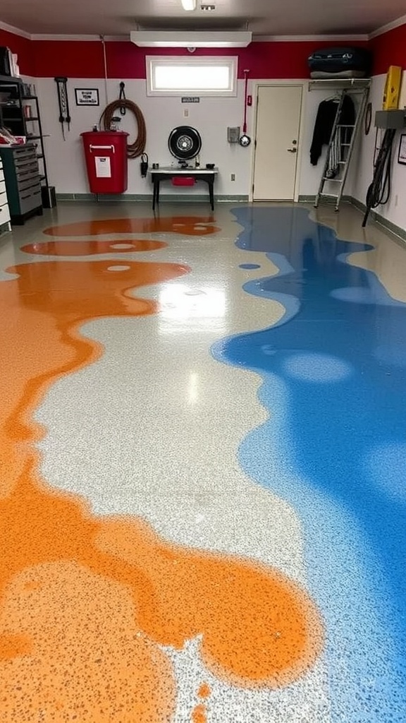 Before and after images of a garage floor transformation with epoxy coating.