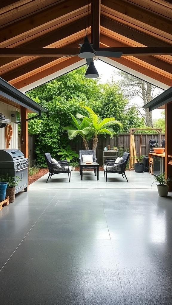 A stylish workspace featuring a marble concrete floor with a person measuring the surface.