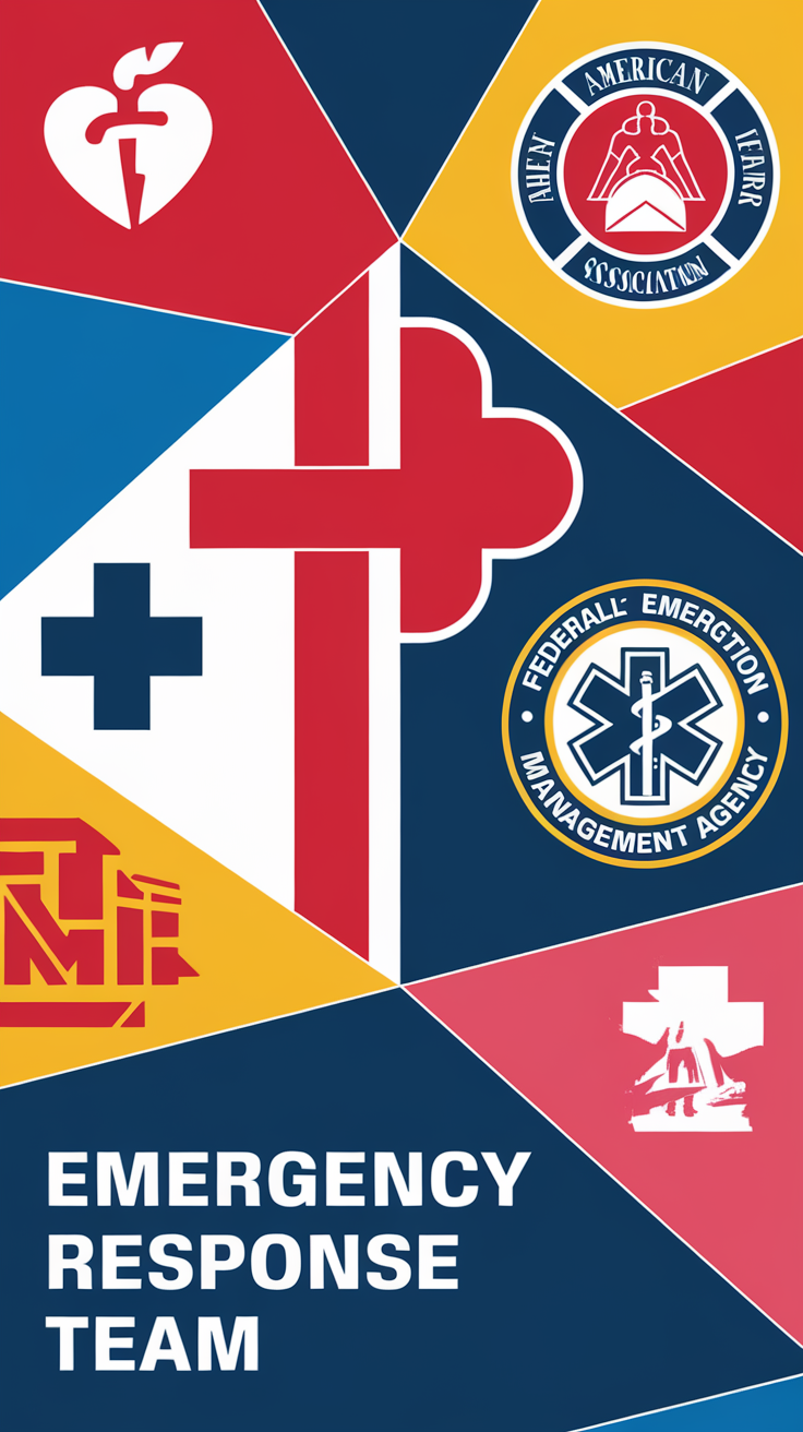 Colorful design featuring logos and symbols for emergency response teams