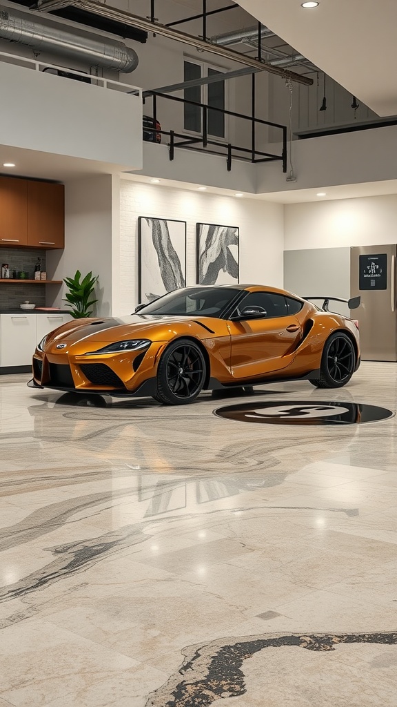 A sleek orange car parked on a stunning metallic epoxy floor in a stylish interior space.