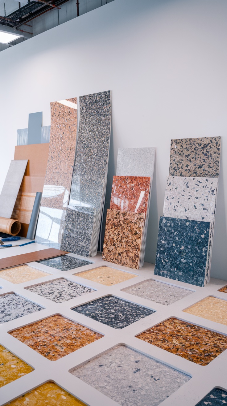 Samples of customizable epoxy flake color schemes displayed on a table.