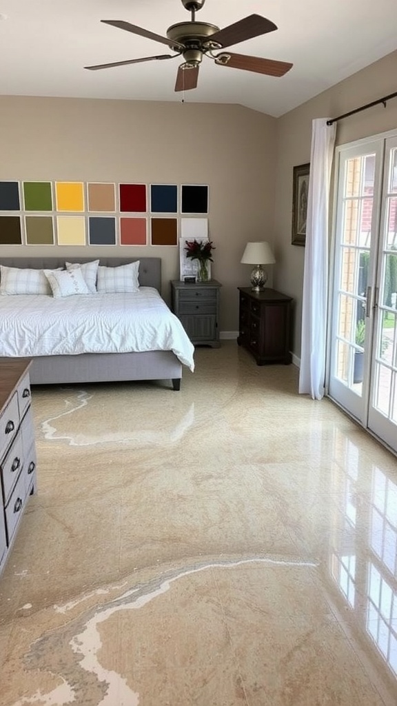 A bedroom with a stylish epoxy concrete floor and various color options displayed at the bottom.
