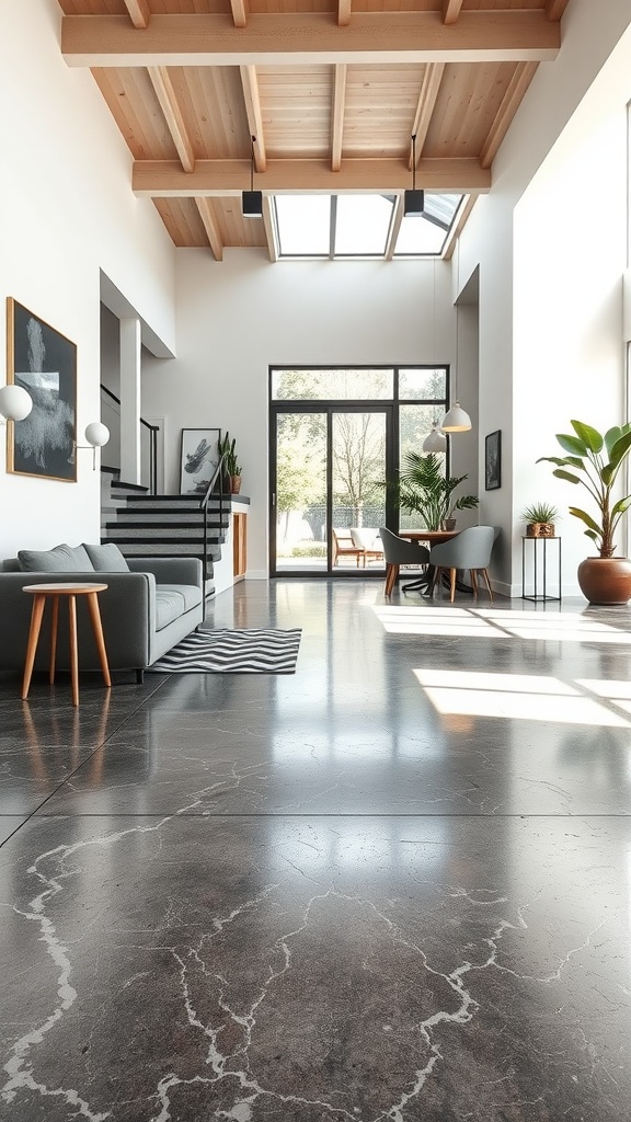 Stylish interior with epoxy concrete flooring and modern decor.