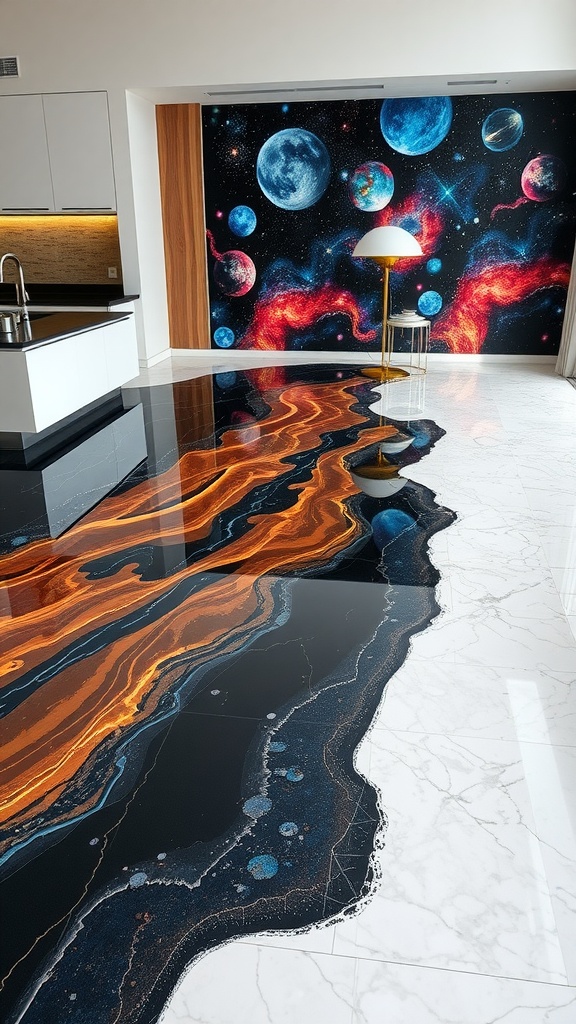 A modern interior featuring a customizable epoxy floor with vibrant colors resembling a cosmic scene, paired with a decorative wall mural.