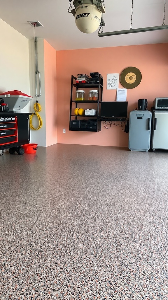 A luxury garage featuring a black epoxy floor with decorative white inlays and a modern car.