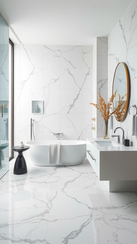 Bathroom with customizable epoxy floor featuring swirls of orange, gray, and white, with marble-patterned walls and modern fixtures.