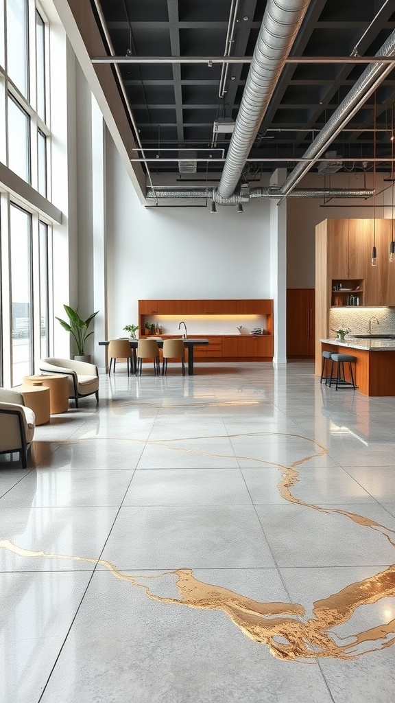 A modern interior with a stylish metallic epoxy concrete floor featuring golden swirls.