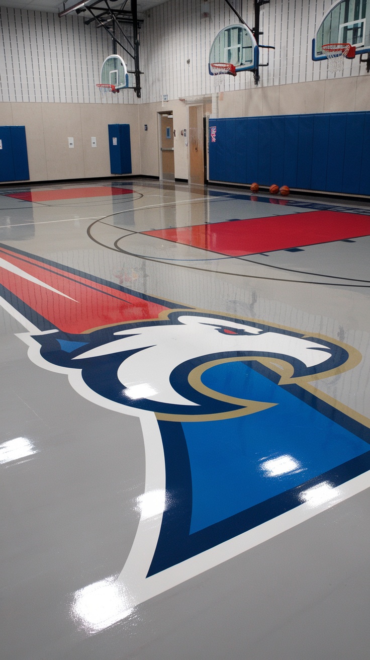Customizable epoxy floor with a colorful eagle logo design