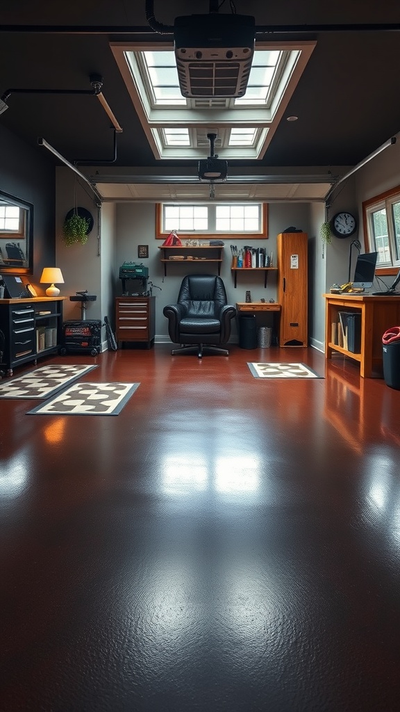 A modern garage with dark epoxy floor, skylights, and organized workspace.