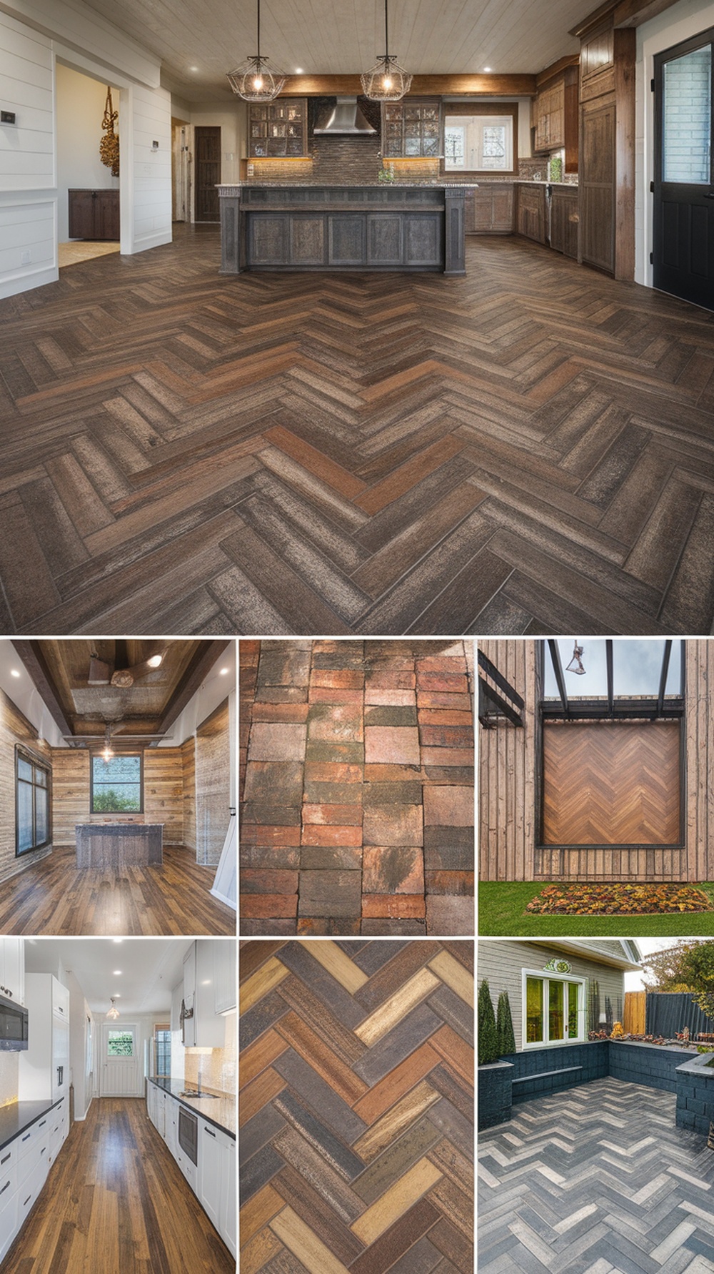 A collage of various epoxy flooring patterns, showcasing herringbone designs and wood grain finishes.