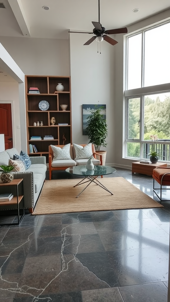 A stylish living room featuring a beautifully designed epoxy floor with a mix of brown and teal colors, showcasing a modern and artistic look.