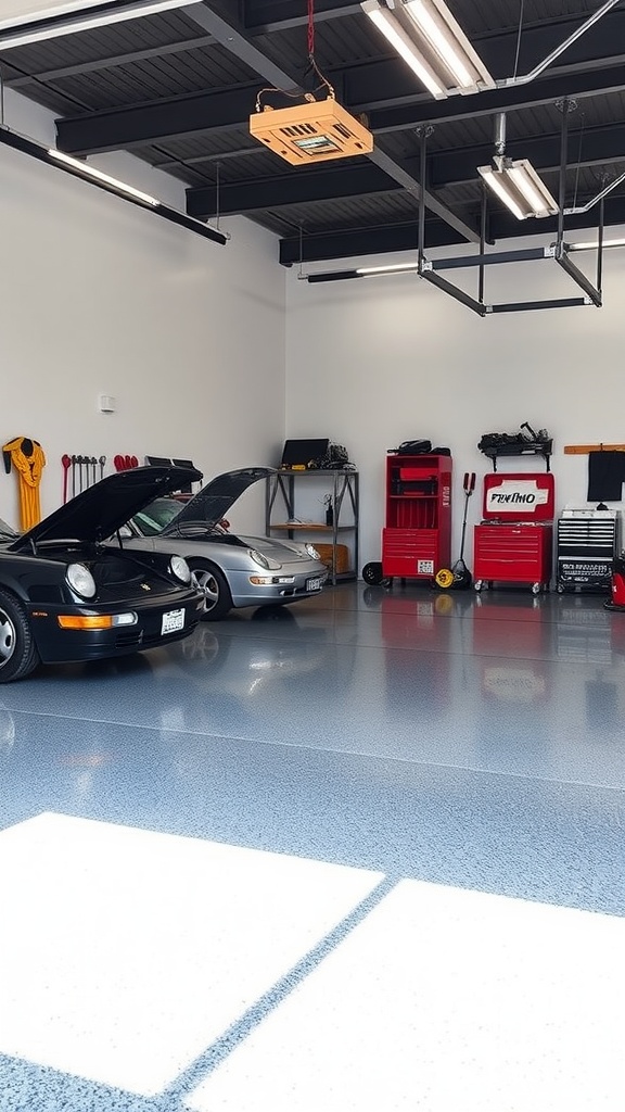Stylish garage with a customized epoxy floor showcasing various color and texture options.