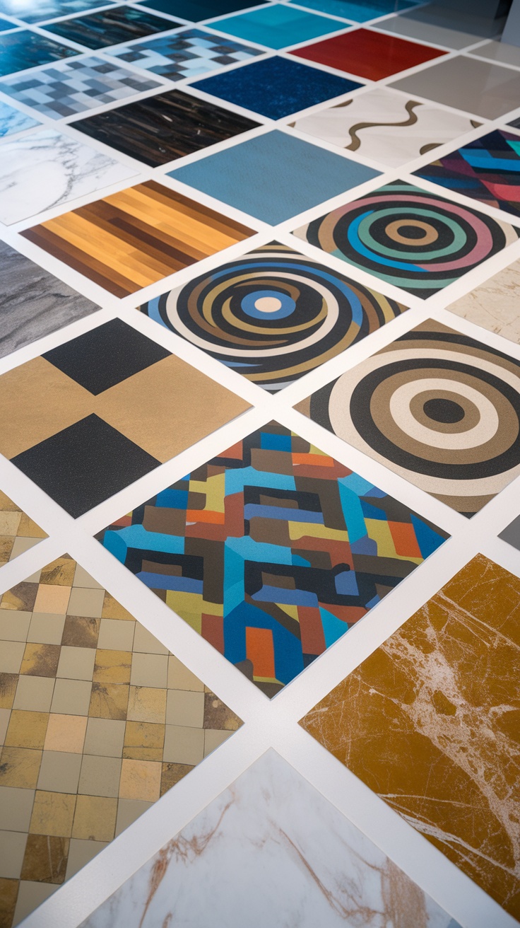 A variety of colorful epoxy floor samples showcasing different patterns and designs.