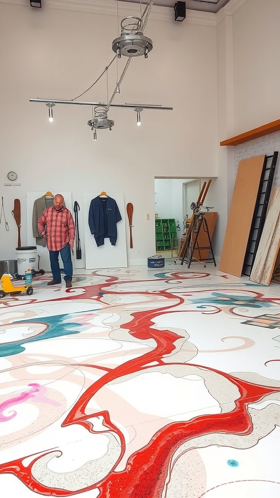 A workspace with a custom concrete epoxy floor in progress, featuring vibrant colors and swirls.