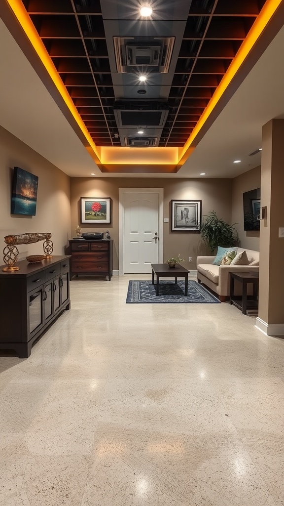 Colorful epoxy floor with artistic patterns and designs in a hallway