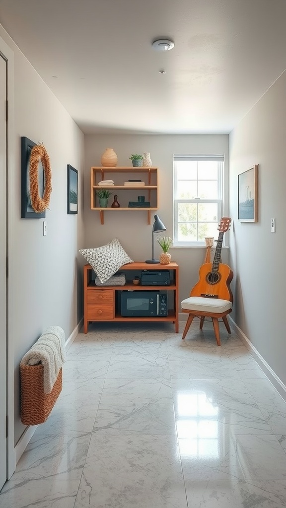 A luxurious hallway with a patterned epoxy floor, showcasing vibrant colors and intricate designs.